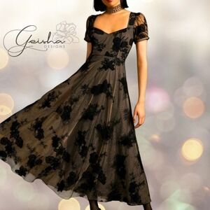 Geisha Designs Floral Mesh Embroidered Midi Dress Womens Plus 2X Black Tan